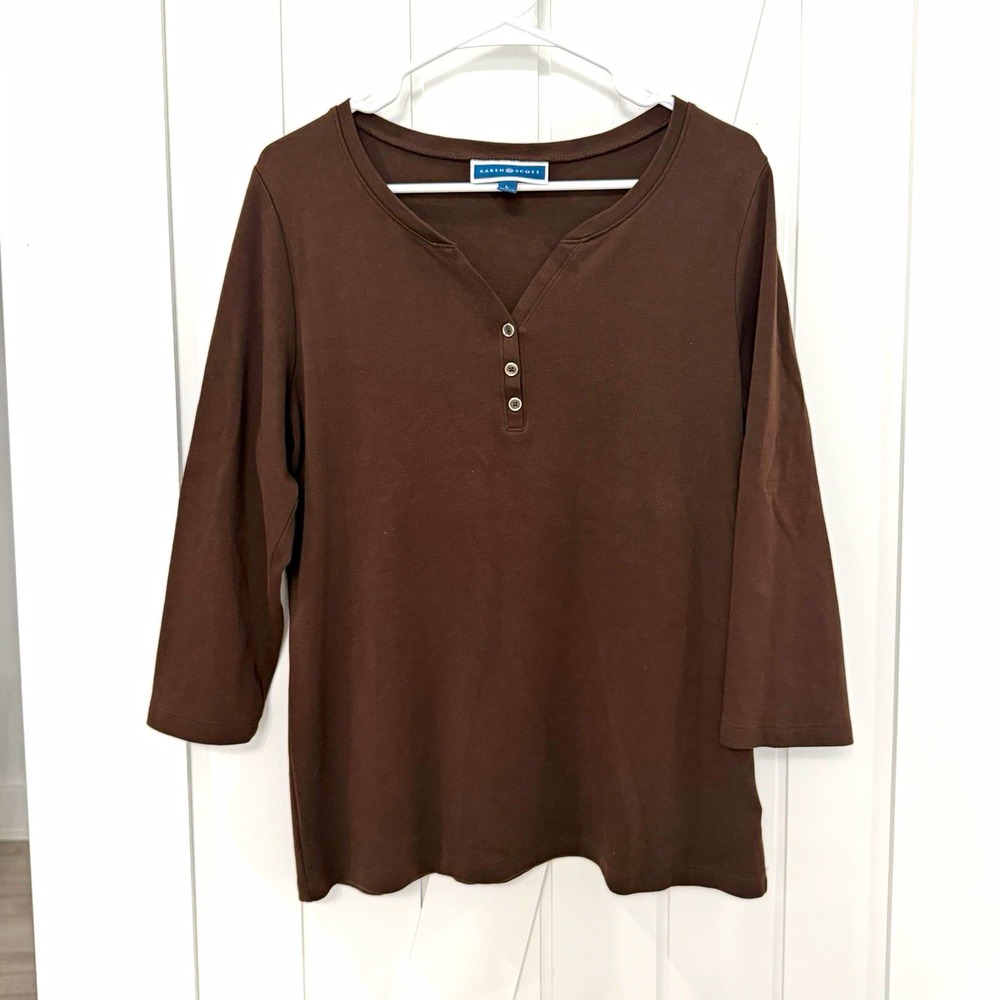 Karen Scott Brown Henley Knit T-Shirt Women's Large 3/4 Sleeve Fall Goblincore
